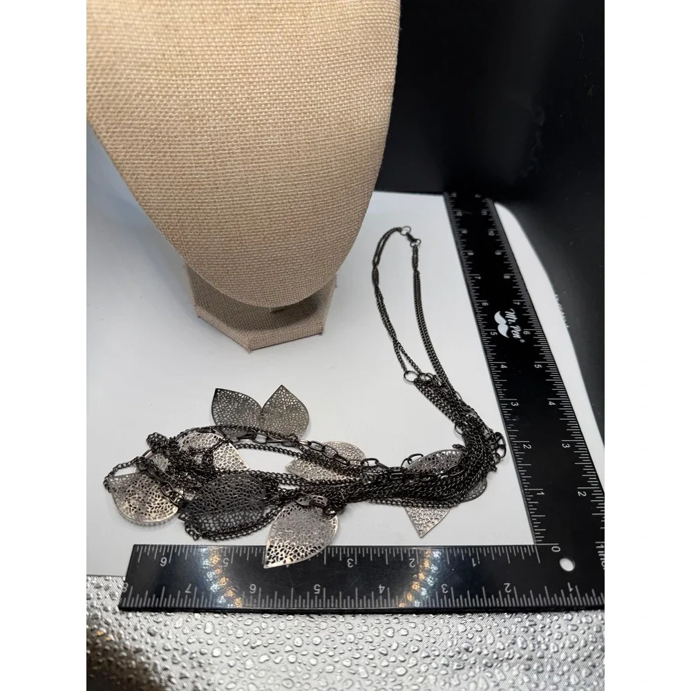 Gunmetal Multi Strand Filigree Leaf Statement Necklace Boho Layered Draped Chain